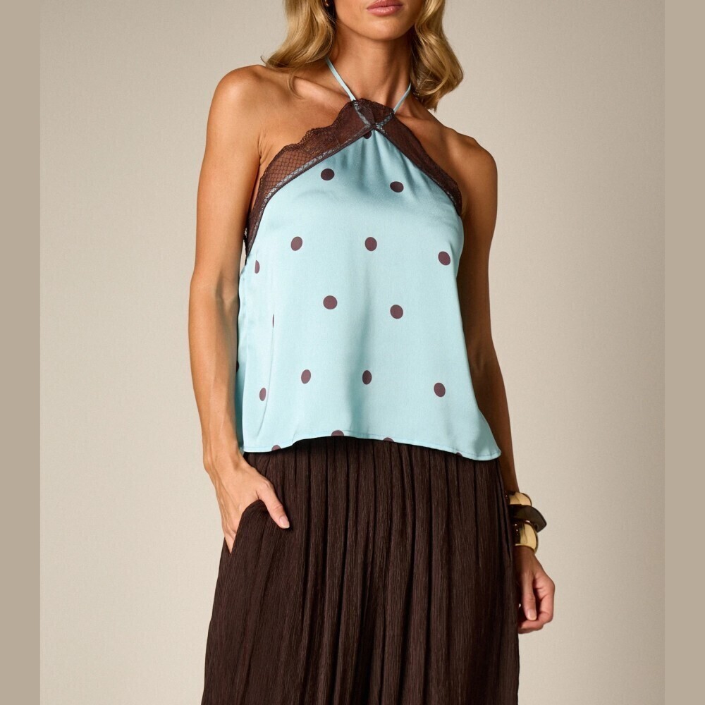 Aqua Polka Dot Halter Top with Lace Trim